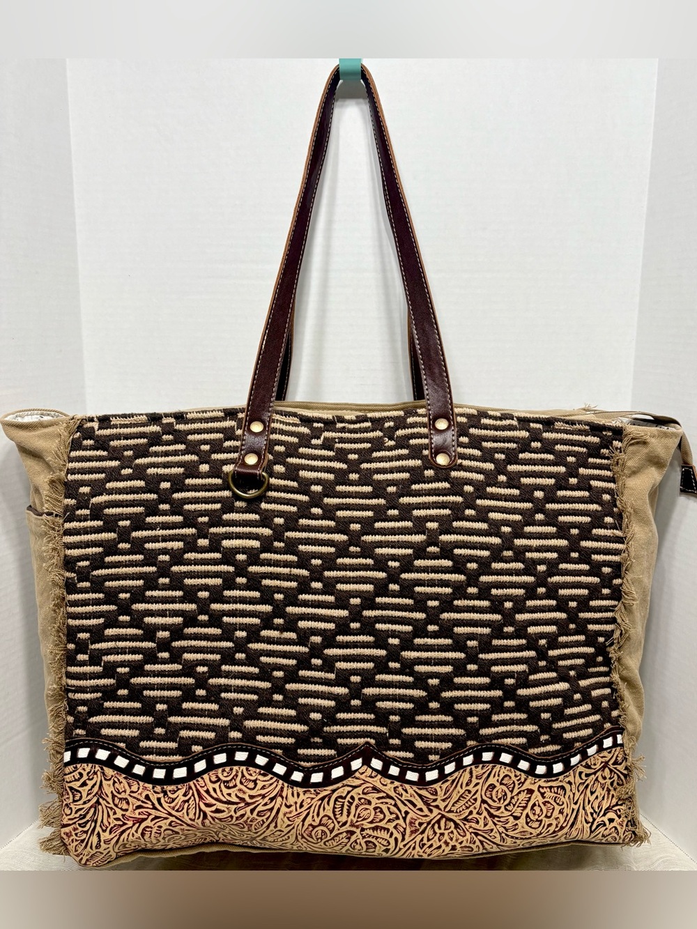 Myra Oversized Western Tote Bag Leather Tooled Floral Weekender Boho Cotton